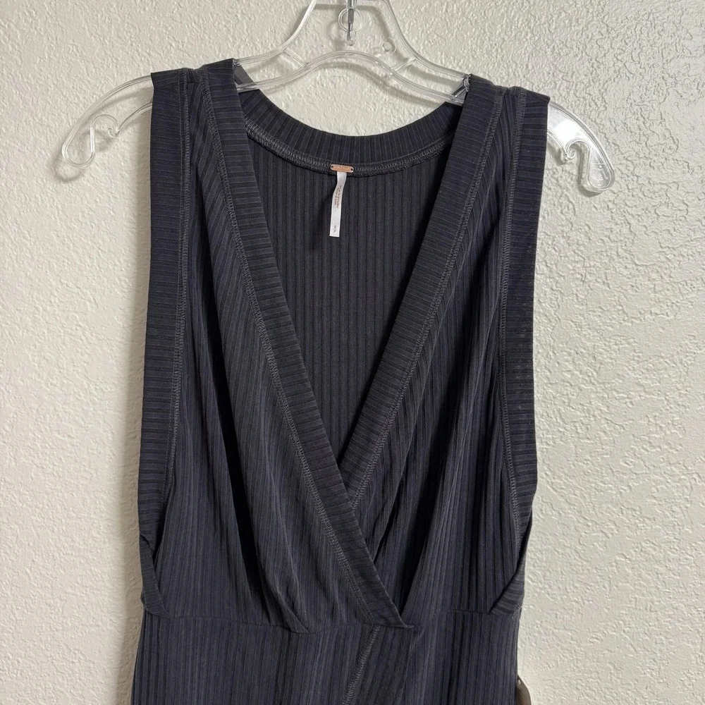 Free People Rising Sun Dress Small Black Ribbed Stretch Wrap V-Neck Front‎ Slit